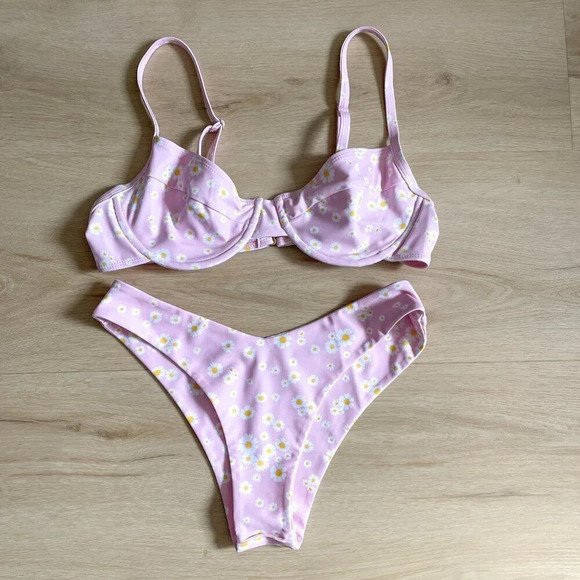 Koana Nova Swimsuit SET Underwire Bra High Cut Bottoms Pink Daisy  Size L/M - Picture 7 of 13